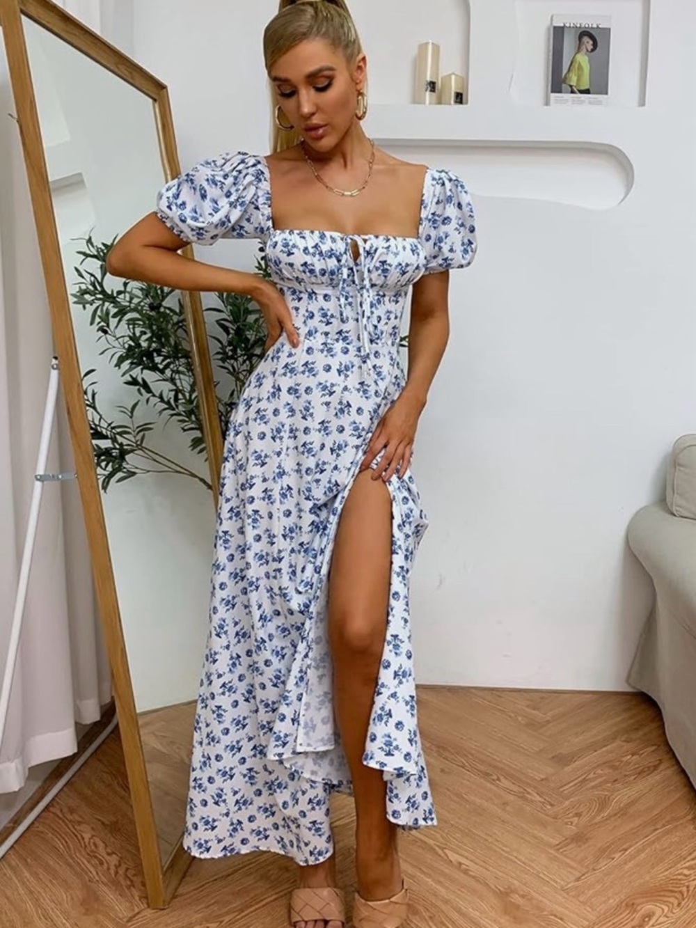 Women Summer Puff Sleeve Floral Split Flowy A-Line Casual Beach Long Dress